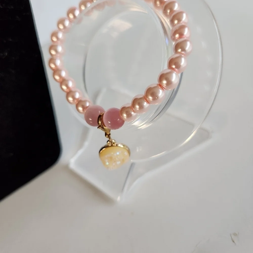 Hand Crafted Necklace & Bracelet Pink Pearl Crystals Cats Eye with Pendant